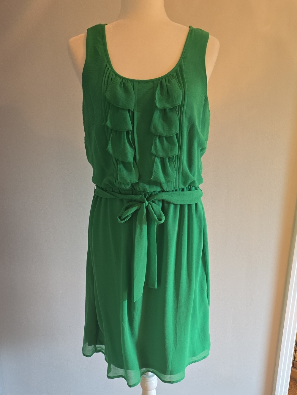 Green Sleeveless Ruffle Belted Dress